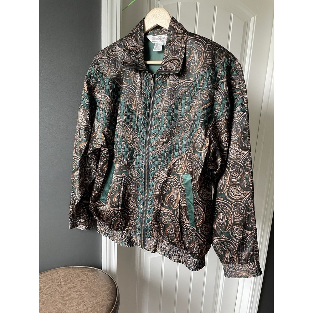 Great Cavalier by St. Paul Silk/Polyester Paisley Bomber Jacket XS Green Brown